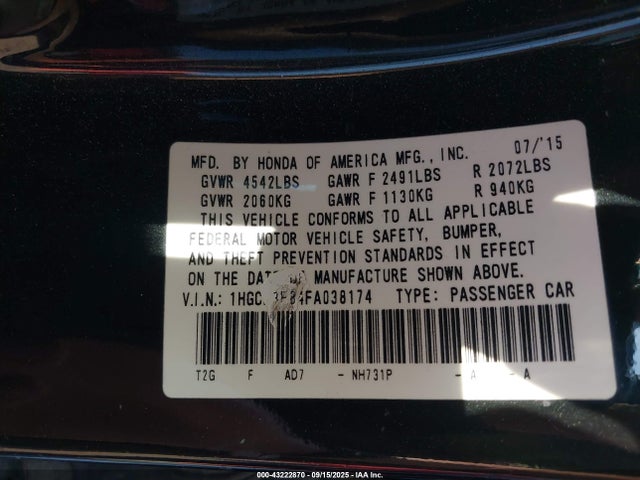 Honda j35y1 2015 1HGCR3F84FA038174 Image 9
