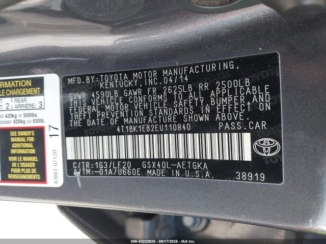Toyota 2gr-fe 2014 4T1BK1EB2EU110840 Image 9