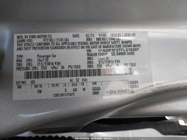 Ford FOCUS SE 2015 1FADP3F27FL219297 Image 9