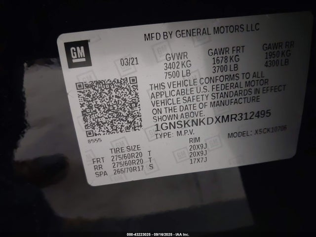 1GNSKNKDXMR312495 Chevrolet l84 - di, alum, gen 5, var 2