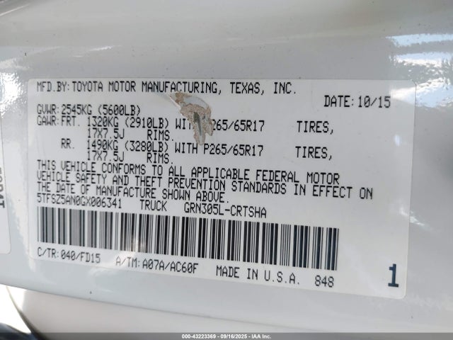 5TFSZ5AN0GX006341 Toyota 2gr-fks