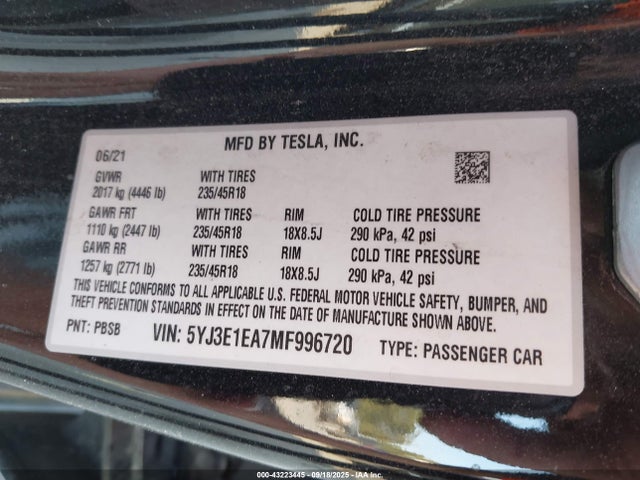 2021 TESLA MODEL 3 5YJ3E1EA7MF996720 Photo 8