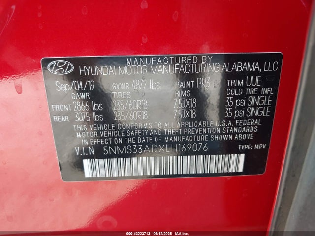 5NMS33ADXLH169076 Hyundai gdi theta ii