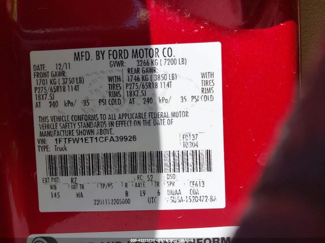 Продаж на аукціоні авто 2012 Ford F-150 Lariat, vin: 1FTFW1ET1CFA39926, номер лоту: 43223735