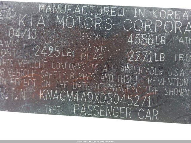 Aukcja sprzedaży 2013 Kia Optima Hybrid Lx, vin: KNAGM4ADXD5045271, numer aukcji: 43223792