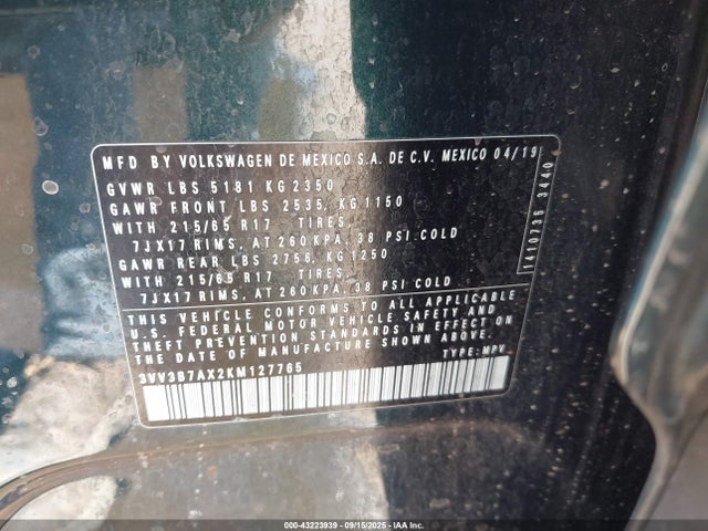3VV3B7AX2KM127765 Volkswagen Tiguan