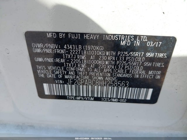Subaru naturally aspirated 2017 JF2GPABC8HH258563 Image 9