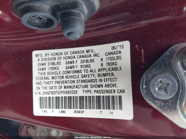 Honda r18z1 2015 2HGFB2F57FH543533 Image 9