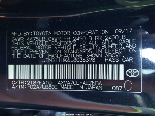JTNB11HK6J3036398 Toyota a25a-fks