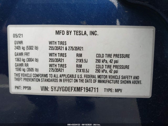 2021 TESLA MODEL Y 5YJYGDEFXMF194711 Photo 8