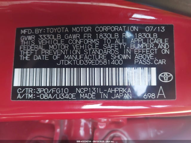 JTDKTUD39ED581400 Toyota 1nz-fe