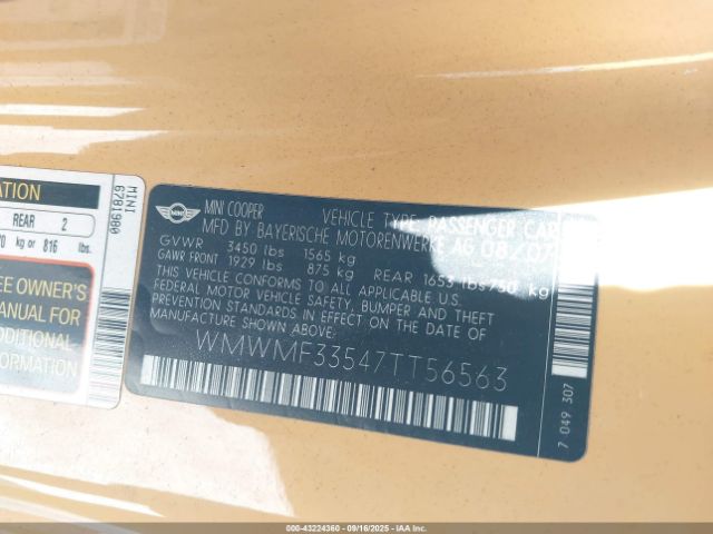 2007 MINI COOPER WMWMF33547TT56563 Photo 8