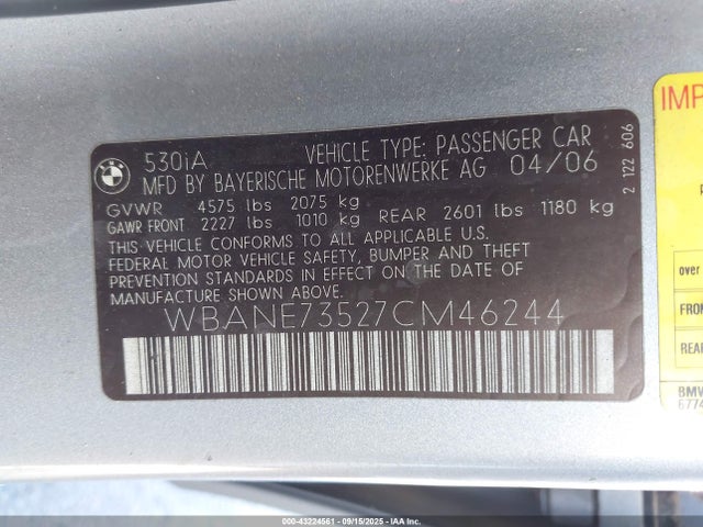 43224561 :رقم المزاد ، WBANE73527CM46244 vin ، 2007 Bmw 530i مزاد بيع