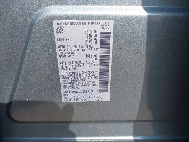 Aukcja sprzedaży 2016 Infiniti Qx60, vin: 5N1AL0MN2GC526037, numer aukcji: 43224927
