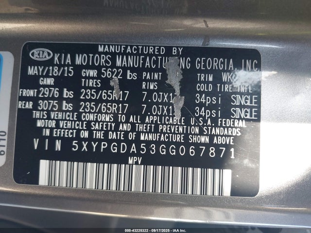 KIA dohc gdi lambda ii 2016 5XYPGDA53GG067871 Image 9