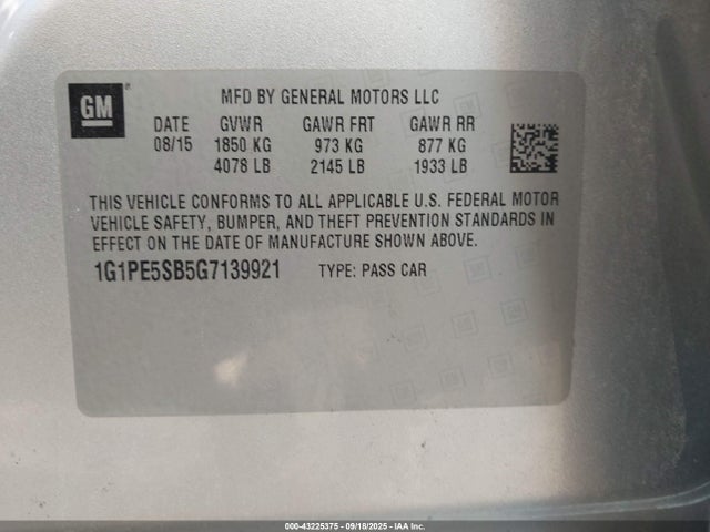 1G1PE5SB5G7139921 Chevrolet Cruze Limited 1lt Auto