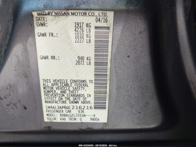 Продажа на аукционе авто 2016 Nissan Altima 2.5 S, vin: 1N4AL3AP6GC216216, номер лота: 43225455