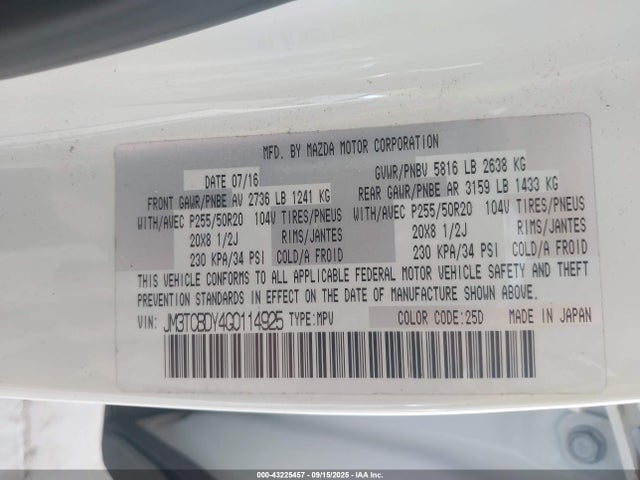 JM3TCBDY4G0114925 Mazda Cx-9 Grand Touring