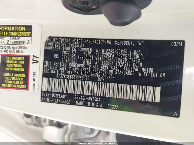 4T3ZK3BB6EU068193 Toyota 2gr-fe