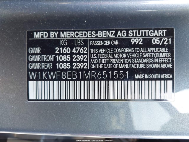 2021 MERCEDES-BENZ C 300 W1KWF8EB1MR651551 Photo 8