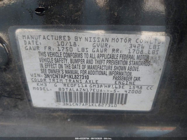 3N1CN7AP1KL827310 Nissan Versa