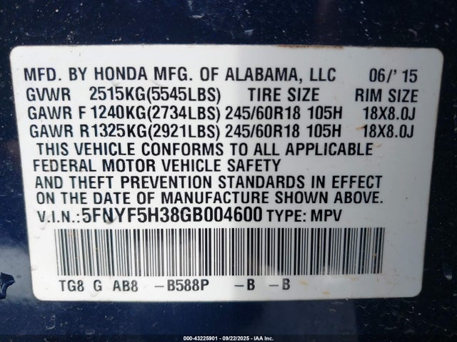 5FNYF5H38GB004600 Honda j35y6