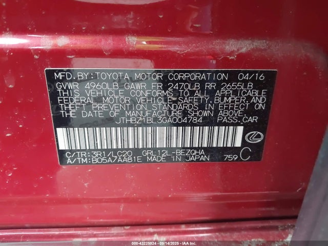 Lexus 2gr-fks 2016 JTHBZ1BL3GA004784 Image 9