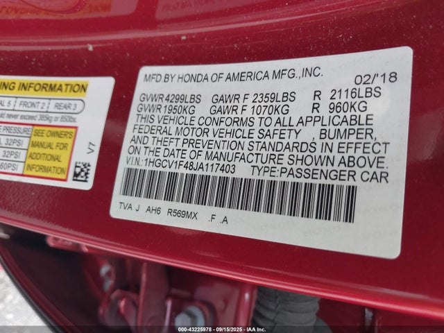 1HGCV1F48JA117403 Honda l15be