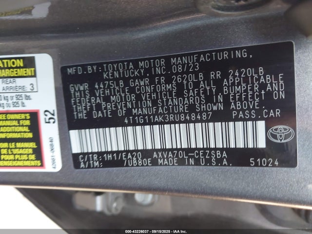 4T1G11AK3RU848487 Toyota a25a-fks