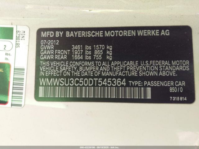 2013 MINI HARDTOP WMWSU3C50DT545364 Photo 8