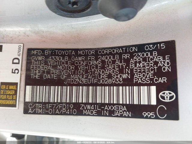 JTDZN3EU1FJ028933 Toyota 2zr-fxe+5jm