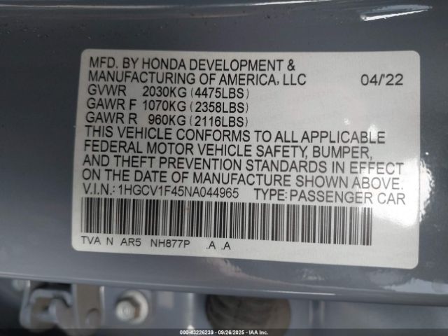 2022 HONDA ACCORD 1HGCV1F45NA044965 Photo 8