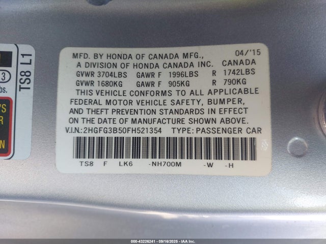 2HGFG3B50FH521354 Honda r18z1