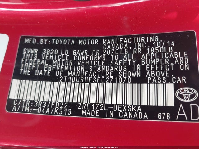 2T1BURHE3FC271070 Toyota 2zr-fe
