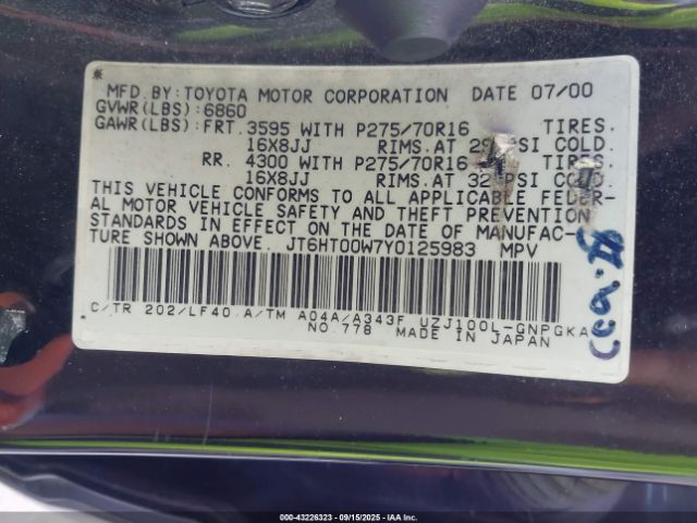 2000 LEXUS LX 470 JT6HT00W7Y0125983 Photo 8