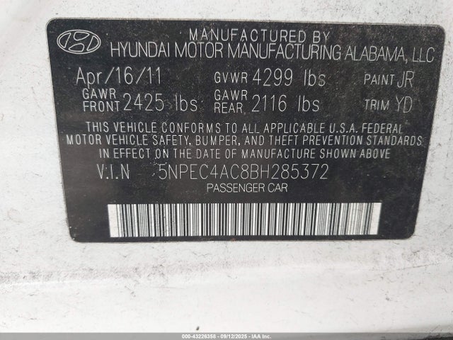 Продажа на аукционе авто 2011 Hyundai Sonata Limited, vin: 5NPEC4AC8BH285372, номер лота: 43226358