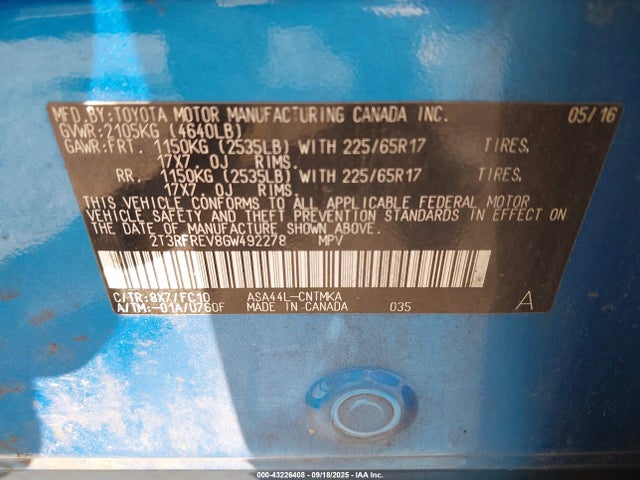 Toyota 2ar-fe 2016 2T3RFREV8GW492278 Image 9