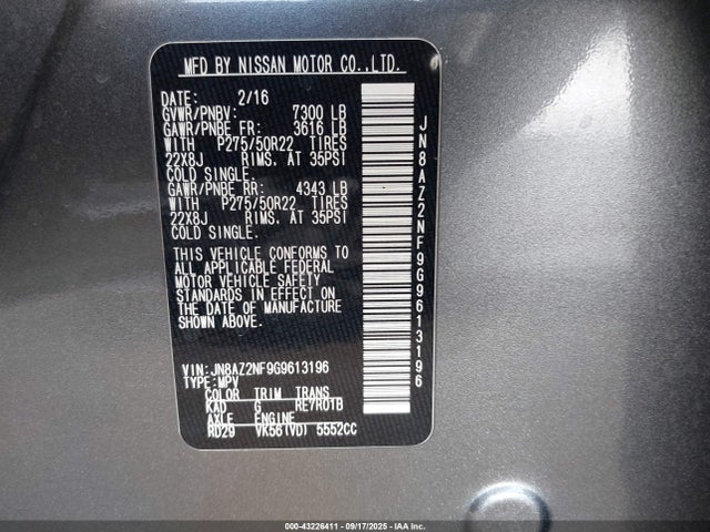 JN8AZ2NF9G9613196 Infiniti 2016