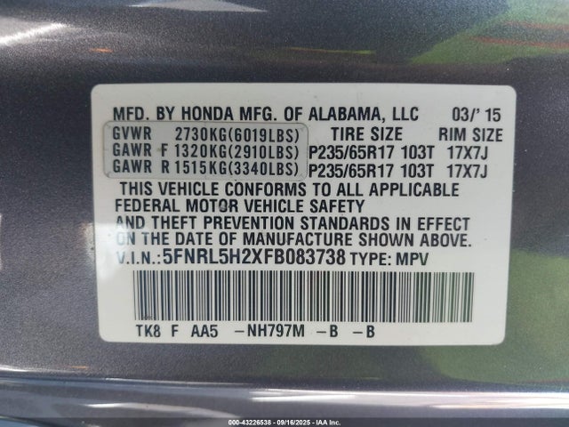 Honda j35z8 2015 5FNRL5H2XFB083738 Image 9