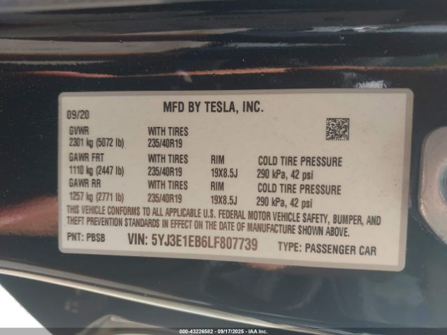 2020 TESLA MODEL 3 5YJ3E1EB6LF807739 Photo 8