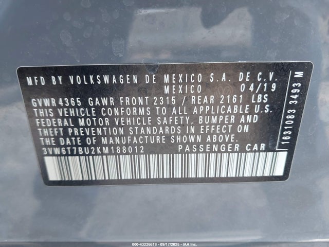 2019 Volkswagen Jetta Gli 2.0t 35th Anniversary Edition/2.0t Autobahn/2.0t S მანქანა იყიდება აუქციონზე, vin: 3VW6T7BU2KM188012, აუქციონის ნომერი: 43226618