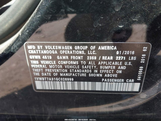 Продажа на аукционе авто 2016 Volkswagen Passat 1.8t Se, vin: 1VWBT7A31GC026999, номер лота: 43226735