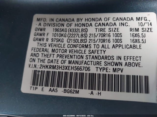 Honda k24z7 2014 2HKRM3H3XEH566706 Image 9