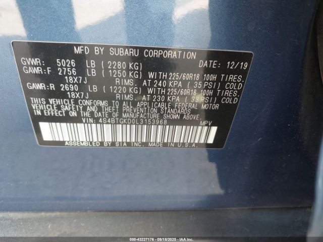 2020 SUBARU OUTBACK 4S4BTGKD0L3153968 Photo 8