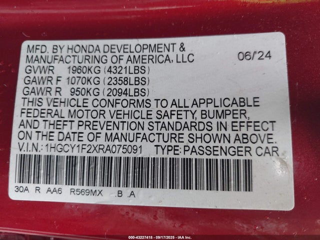 43227418 :رقم المزاد ، 1HGCY1F2XRA075091 vin ، 2024 Honda Accord Lx مزاد بيع