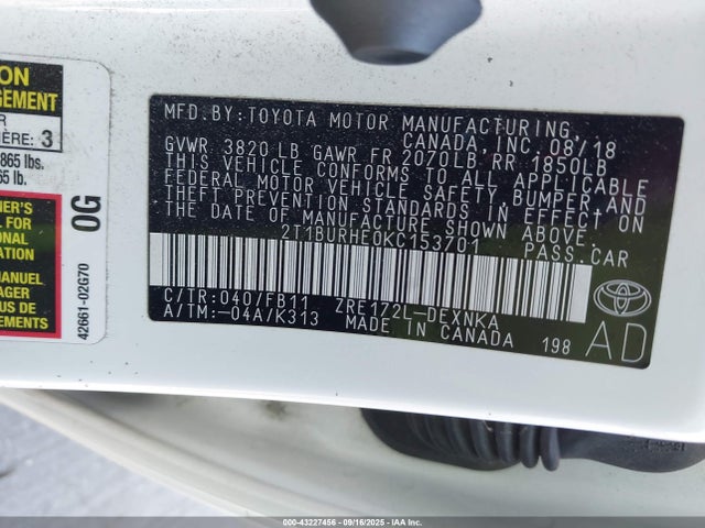 Toyota 2zr-fe 2019 2T1BURHE0KC153701 Image 9