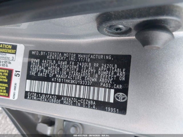 4T1B11HK9KU193337 Toyota a25a-fks