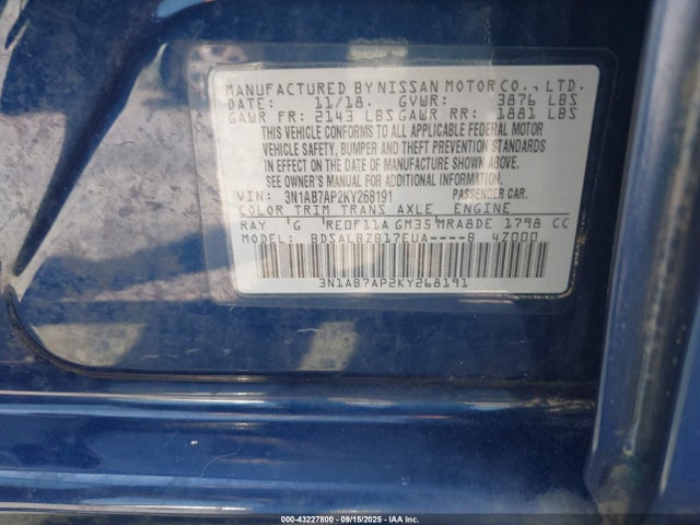 Продаж на аукціоні авто 2019 Nissan Sentra S, vin: 3N1AB7AP2KY268191, номер лоту: 43227800
