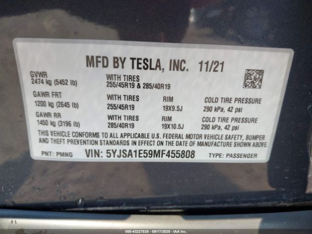 2021 TESLA MODEL S 5YJSA1E59MF455808 Photo 8