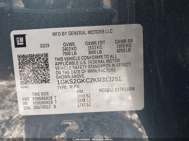 GMC l83 - spark ignited direct injection, variable valve timing, afm, e85 max, alum 2019 1GKS2GKC2KR313251 Image 9
